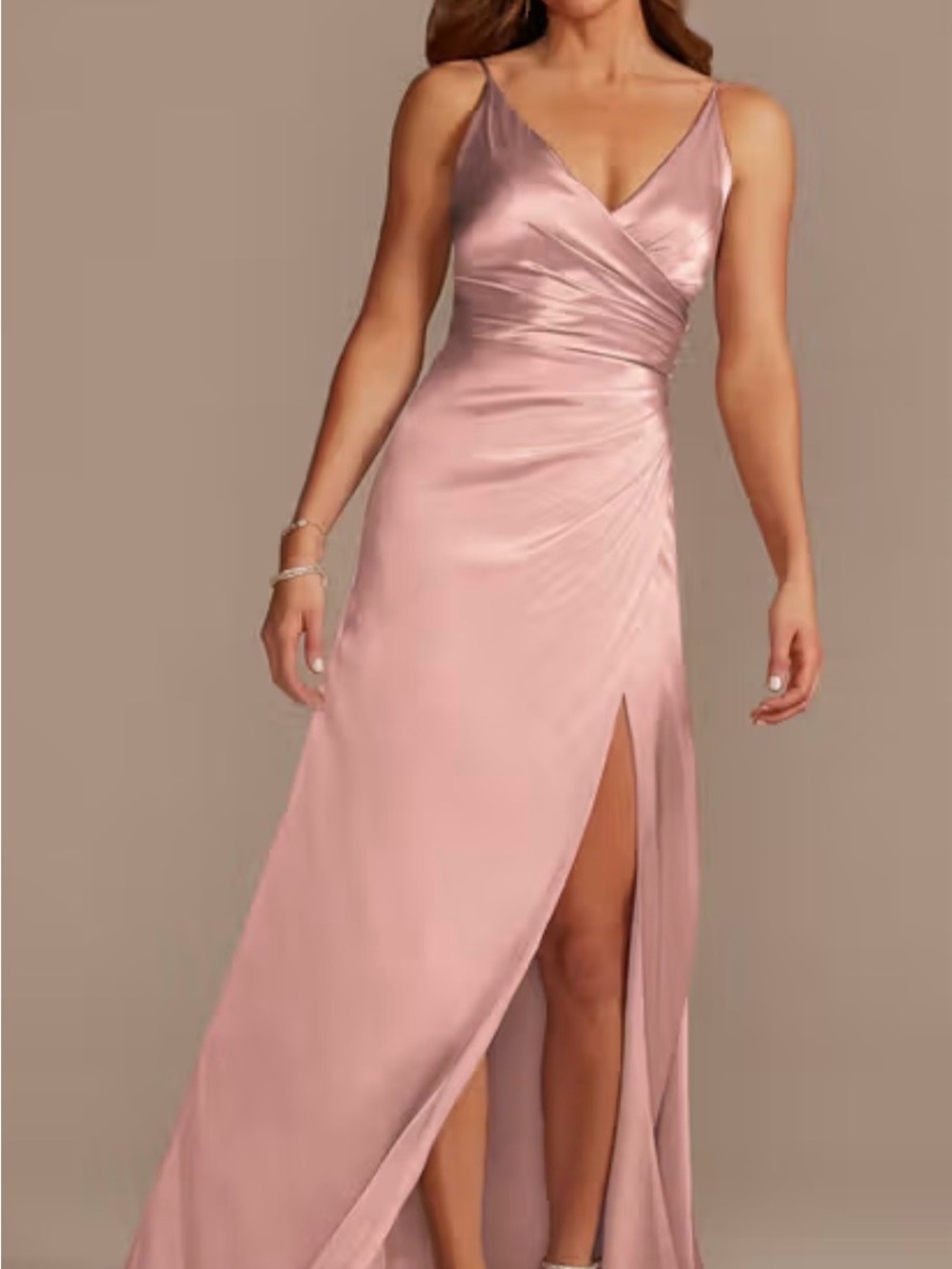 Satin V-Neck Maxi Dress with High Front Slit in Soft Rose Pink (quartz)